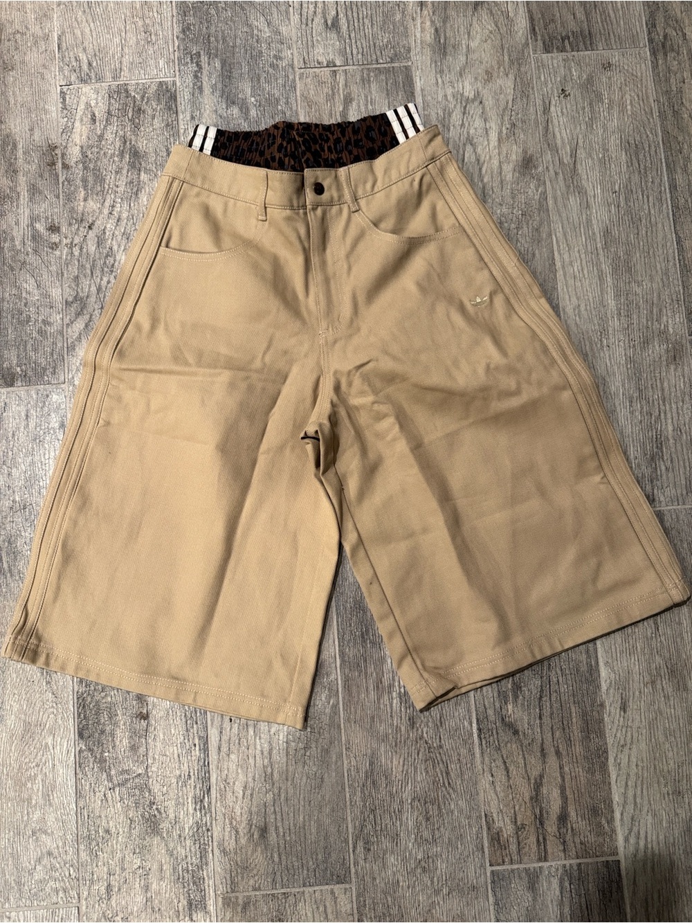 adidas Tan Jean Shorts with Leopard-Print Waistband
